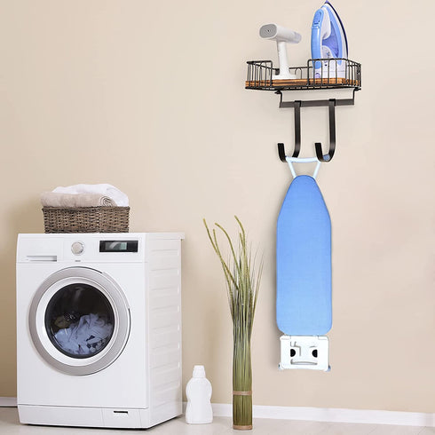 DB Ironing Board Hanger Wall Mount, Ironing and Iron Board Wall Mount with Shelf, Metal Iron Holder Wall Mount with Large Storage Wooden Base Basket & Removable Hooks, Iron Board Hanger Laundry Room