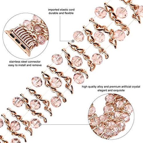 Bling Beaded Bracelet Compatible for Apple Watch 38mm 40mm 41mm 42mm 44mm 45mm 49mm Band,Fohuas Luxury Crystal Glitter Beads Pearl Bangle for iWatch Ultra Series SE 8 7 6 5 4 3 2 1 Glitter Metal Chain Elastic Stretch Jewelry Strap for iphone watch Women G