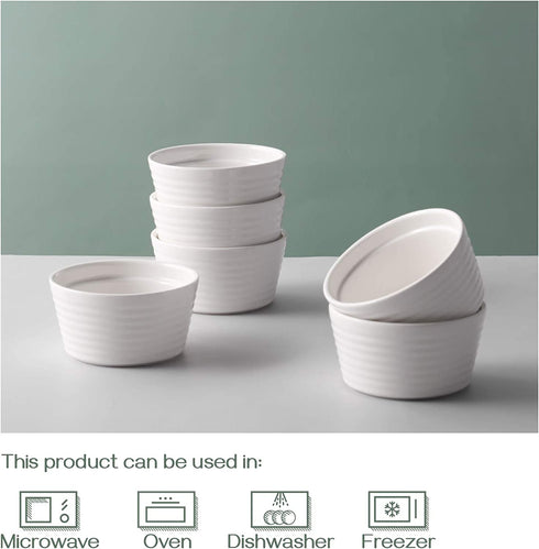 DOWAN Ramekins 8 oz Oven Safe, Porcelain Ramekins Souffle Dish, Creme Brulee Ramekins, White Ramekins for Baking, Stackable Ramekin for Pudding, Spinach Souflees, Set of 6
