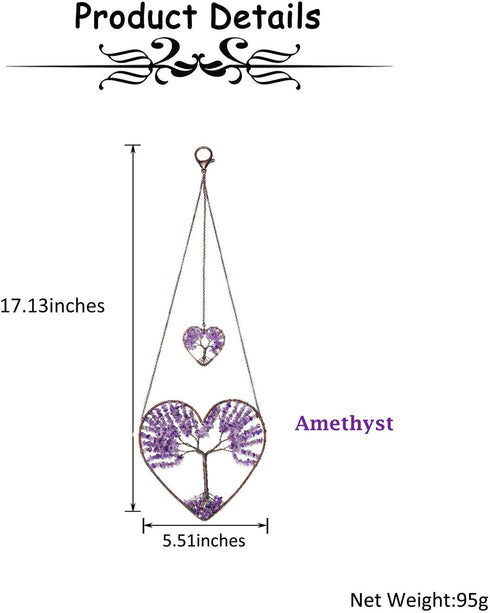 PESOENTH Amethyst Heart Tree of Life Dream Catcher Hanging Ornament Bohemian Purple Double Hearts Tree of Life Wall Art Window Car Hanging Decorations for Home Bedroom Decor