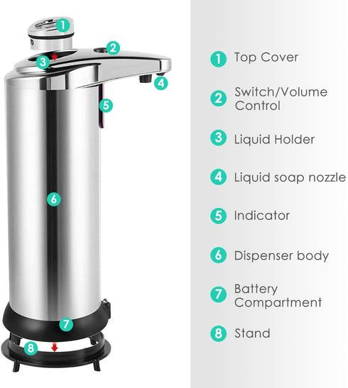 Embryant Soap Dispenser, Touchless Automatic Soap Dispenser Waterproof Base Stainless Steel Infrared Sensor, Adjustable Hands-Free Dish Soap Dispenser Suitable for Bathroom Kitchen Hotel Restaurant