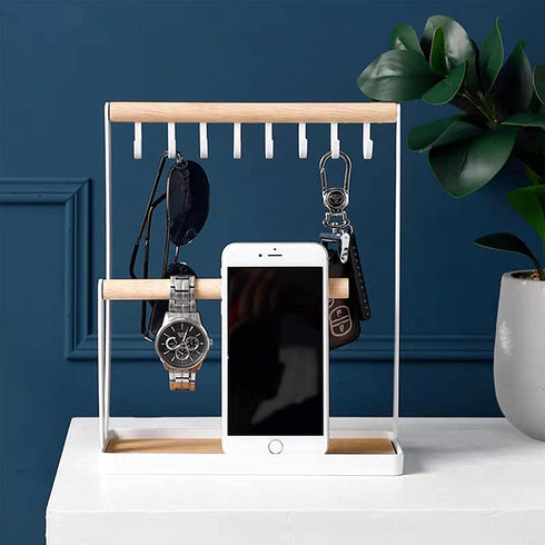 Jewelry Holder Stand, 3-Tier Necklace Hanging Wooden Ring Organizer Earring Tray, 8 Hooks Storage Necklaces, Bracelets, Rings and Watches on Desk Tabletop, White