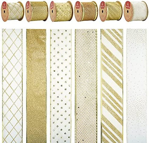 MEEDEE Gold Ribbon 2.5 Inch Christmas Ribbon 6 Rolls 36 Yards Organza Sheer Ribbon Mesh Ribbon Metallic Glitter Decorating Gift Wrapping Ribbon Bow Perfect for A Tree Topper Wreath Mailbox Swag