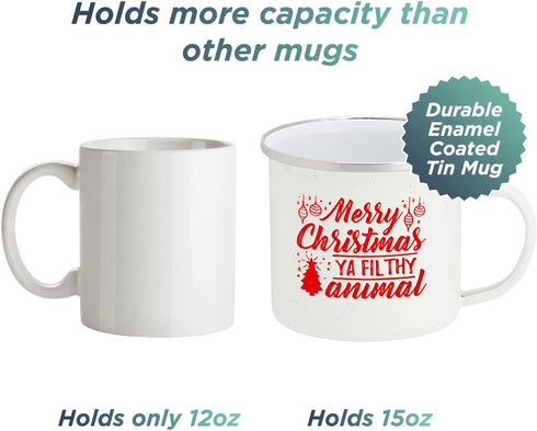 Holiday Coffee Mug - Festive White Enamel Camping 16 Ounce Coffee Cup For Home and Gifting, Merry Xmas Ya Filthy Animal