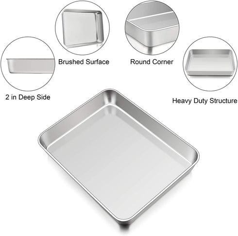 TeamFar Lasagna Pan, 12…–™™ x 9¾™™ x 2™™, Stainless Steel Rectangular Casserole Cake Baking Brownie Pan, Non-toxic & Sturdy, Brushed Surface & Deep Side, Dishwasher Safe, 2PCS