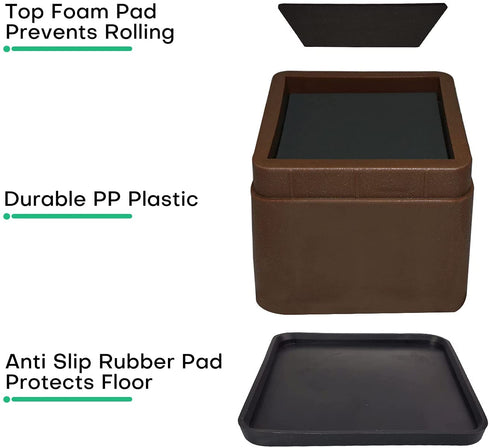 aspeike 3 or 6 INCH Bed and Furniture Risers Set of 4, Durable and Stackable Square Bed Lifts - Lifts Up to 2200 LBs (A Large Area of Groove with Anti Slip Mat) Pack of 4, Brown