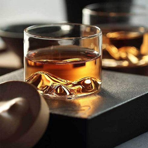 Whiskey Glass Mountain Fuji Style Wine Glass Teacups with Wooden Bottom - Infusing Coffee, Milk, Tea