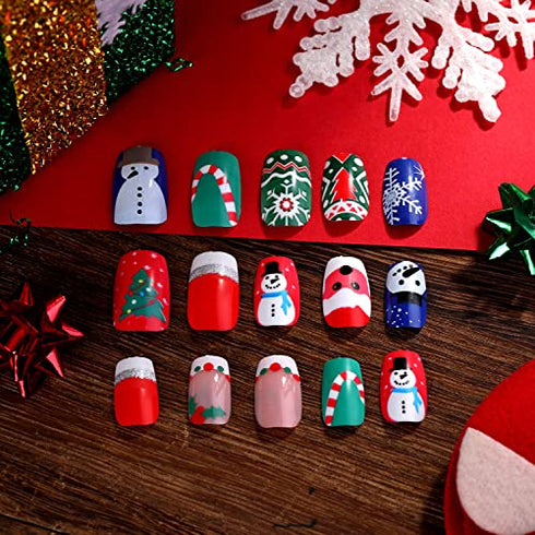 72 Pieces Christmas False Nails Artificial Fake Short Fingernails Santa Claus and Cute Snowman Decoration with 6 Jelly Glue for Nail Design Salon DIY Decoration, 12 Sizes 6 Boxes