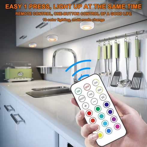 13 Color LED Puck Lights with Remote Control, Wireless Under Cabinet Lighting, Battery Powered Lights, Stick on Lights, Color Changing Lights with Dimmer and Timer, AA Battery Operated Closet Light