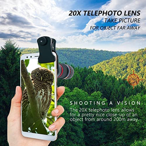 Cell Phone Camera Lens, 20X Zoom Telephoto Lens, Smartphone Lens for iPhone, Samsung, Android, Monocular Telescope