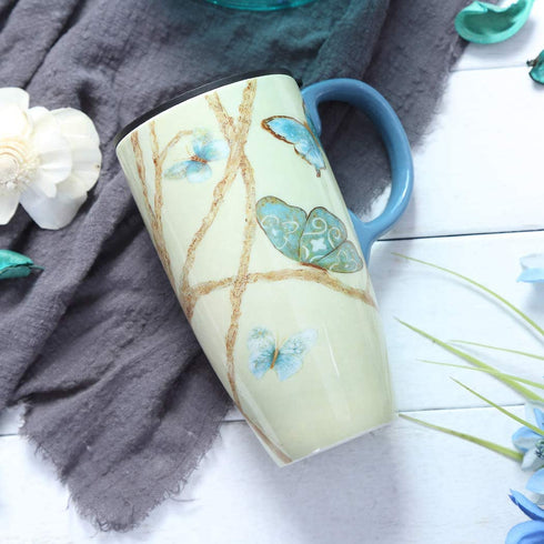 Topadorn Coffee Ceramic Mug Porcelain Latte Tea Cup With Lid 17oz., Blue Butterfly Mother's Day Mug