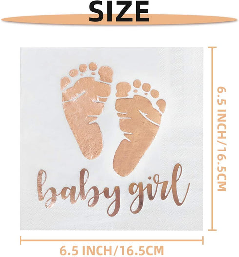 Trgowaul 100 Pack Baby Girl Shower Napkin Rose Gold Baby Girl Letters and Baby Footprint Pattern Beverage Napkins 3-Ply White Paper Cocktail Napkins for Girl Baby Shower Party