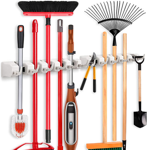 2 Pack Imillet Mop and Broom Holder, Wall Mounted Organizer-Mop and broom Storage Tool Rack with 5 Ball Slots and 6 Hooks (Beige)