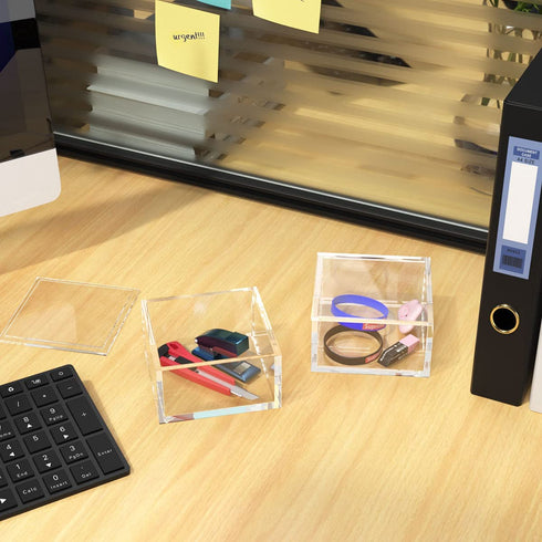NIUBEE Small Acrylic Box with Lid, Clear Box Square Container to Hold Staples, Highlighters, Adhesive Tape, Paper Clips, Stamps, Stackable Mult-Purpose for Office and Home (Medium)