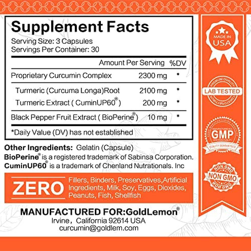 Turmeric Curcumin with Black Pepper & Ginger 2300 MG, GOLDLEMON Anti Inflammatory Supplement with BioPerine & CuminUP60-Curcuma Longa Extract-Gluten Free, Non GMO, No Side Effects-90 Capsules