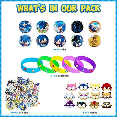 (NEW UPGRADE) Birthday Party Favors Set,82 pcs Birthday Party Supplies for Kids include 12 Masks,10 Sonic Pins and 50 Stickers,Best for Fill Up the Birthday Gift Bags