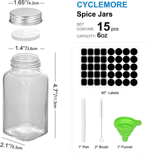 CycleMore 15 Pcs 6oz Glass Spice Jars Bottles, Square Spice Containers with Silver Metal Caps and Pour/Sift Shaker Lid-40 Blank Black Labels,1 Collapsible Funnel,1 Brushes and 1 Pen Included