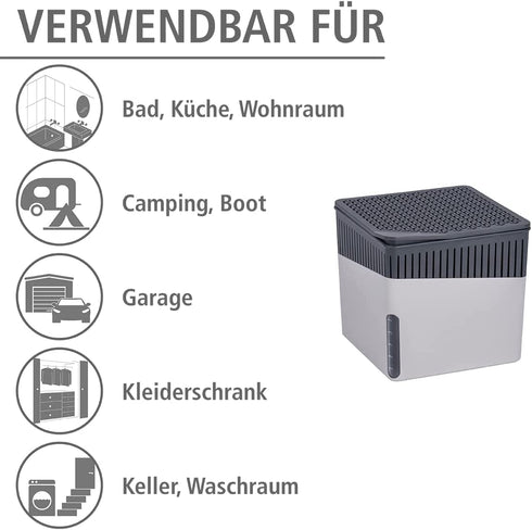 WENKO Portable Dehumidifier, Compact and Rechargeable, Moisture Absorber for Bathroom, Bedroom, Garage, Closet, 2800 Cubic Feet, 2.2lbs, Gray, 6.18 x 6.5 x 6.5, Large