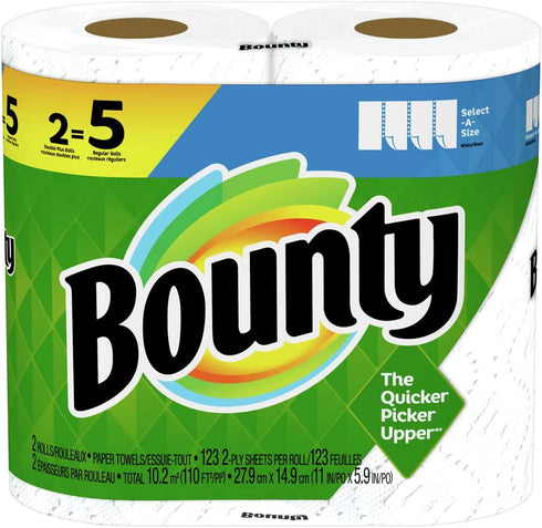 Bounty Select-A-Size Paper Towels, White, 2 Double Plus Rolls = 5 Regular Rolls