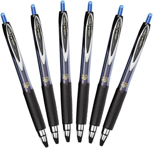 Uni-Ball Signo 207 Retractable Gel Pen, 0.5mm Micro Point, Blue, Pack of 6