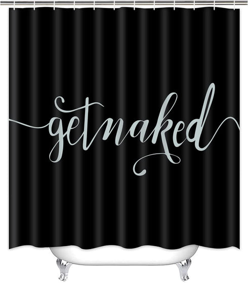TAMOC Get Naked Shower Curtain Funny Quotes Shower Curtain with 12 Hooks, Waterproof Durable Shower Curtain for Bathroom, Black and White Modern Bathroom Decor, 69" — 70"
