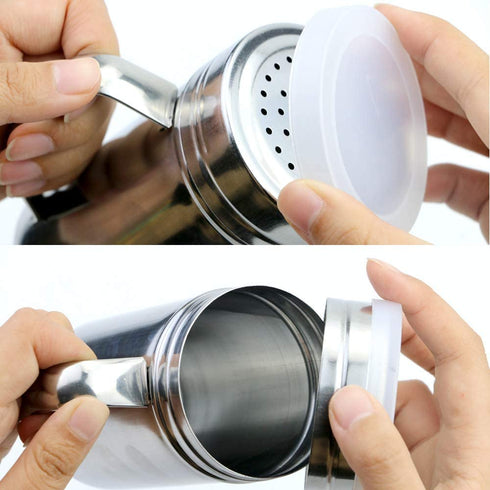 LeonBach 3 Pack Stainless Steel Seasoning Shaker Bottles with Handles and Lids, Spice Shaker Powder Sugar Shaker Popcorn Salt Shaker, 3 Sizes