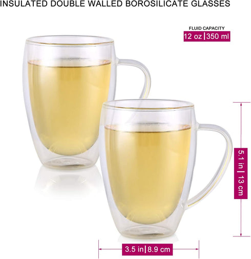 Teabloom Double Walled Mugs - 12 oz / 350 ml Set of 2 Insulated Glass Mugs for Tea, Coffee, and More Clear Bliss Collection