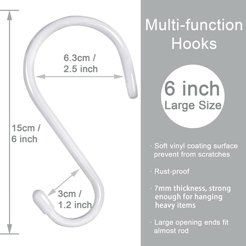 HiGift 16 Pack Bag Hooks for Closet Rod, Vinyl Coated 6 Inch Large S Hooks for Hanging Clothes, Non Slip Purse Hanger Hooks Heavy Duty for Hanging Purse, Handbag, Jeans, Belts, Towels, Plants - White