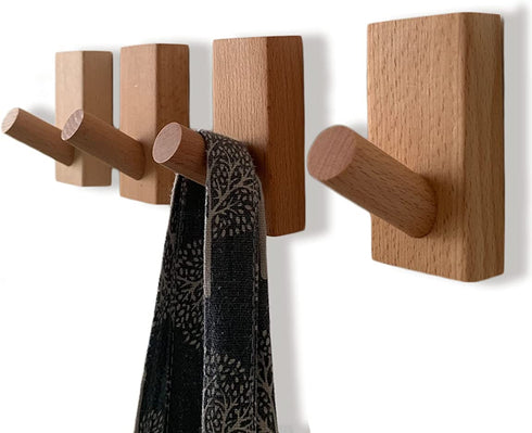 Wood Wall Hooks - Pack of 4 Decorative Wall Hooks for Hanging Coats - Perfect Backpack Hanger, Hat Hooks for Wall - Each Heavy Duty Wooden Wall Hook Holds 6lbs-33lbs (Beech, 4Pack)