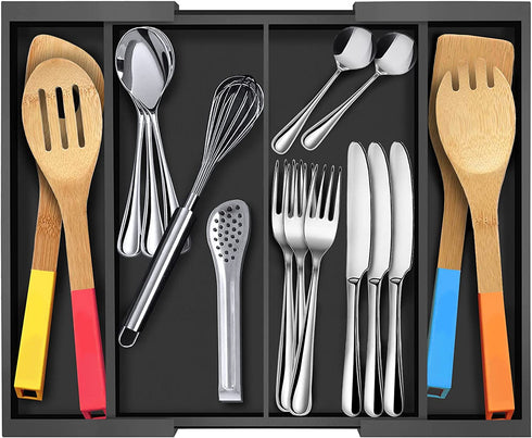 Bamboo Kitchen Drawer Organizer,Expandable Silverware Organizer,Utensil Holder and Cutlery Tray with 4 Adjustable Compartments,Black
