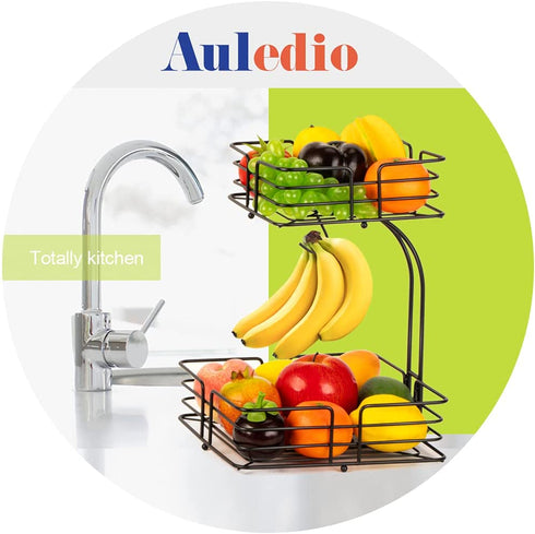 Auledio 2-Tier Square Countertop Fruit Vegetables Basket Bowl Storage With Banana Hanger, Black