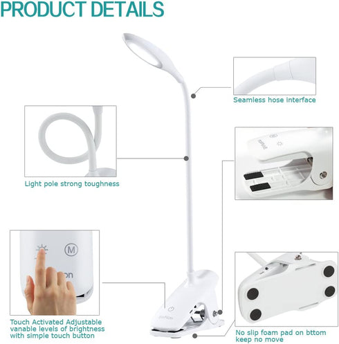 Brivation LED Desk Lamp with USB Charging Port, Clip Lamp for Desk, Portable Eye-Care Desk Light, Flexible Gooseneck USB Rechargeable, 3 Dimming Levels, Touch Control