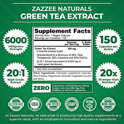Zazzee Extra Strength Green Tea 20:1 Extract, 6000 mg Strength, 150 Vegan Capsules, 50% EGCG, 98% Polyphenols and 80% Catcehins, Potent 20x Extract, Up to 5 Month Supply, Vegan, All-Natural