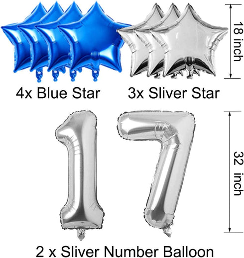 17th Birthday Decorations for Men Women Boy Girl,Blue Black Birthday Party Supplies with 17 Silver Number Balloon Happy Birthday Banner for 17th and 71st Birthday Party