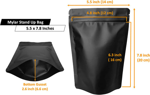 100 Pack Matte Black Mylar Stand Up Bags - 5.5x7.8 Inches Smell Proof Resealable Bags, Sealable Foil Packaging Bags