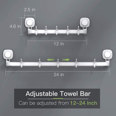 LUXEAR Suction Cup Towel Bar, 24 inches Adjustable Towel Rack, No Drill & Removable Hand Towel Holder with 5 Sliding Hooks, Wall Mounted Towel Bar for Bathroom, Kitchen, Door - White