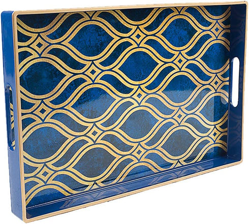MAONAME Blue Decorative Tray with Handles, Plastic Serving Tray for Coffee Table, Marbling Rectangular Tray for Ottoman, Bathroom, Storage, 15.7" Lx 10.2" W X 1.57" H
