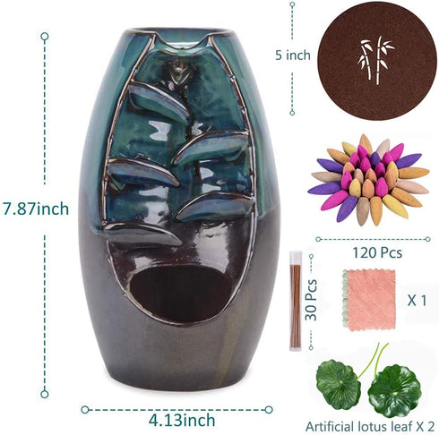DK177 Waterfall Incense Holder Backflow Inscent Cone Burner Handcraft Ceramic Water Fall Smoke Fountain with 120 Cones 30 Sticks 1 Mat 2 Lotus Leaf 1 Cloth