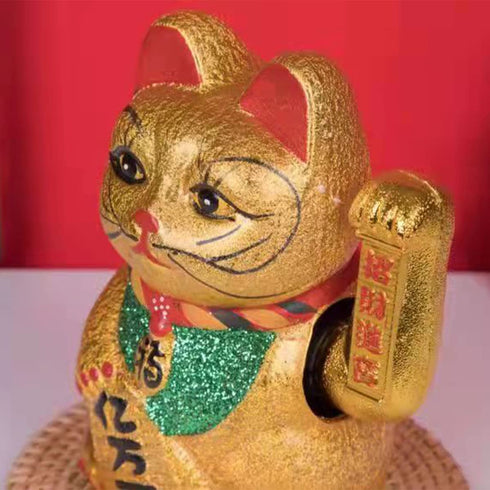 LLDAYU Maneki Neko,Ceramic Electric Golden Feng Shui Lucky Cat Ornament (7 inches), Gold
