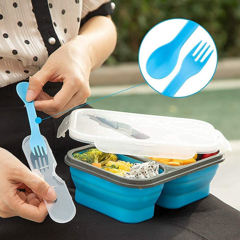 MAXCOOK Collapsible Lunch Container Stacking Silicone Lunch Box with Spoon & Fork, 1500ml/3-Compartment Portable Bento Storage Containers for Food, Microwave, Freezer, Dishwasher Safe, BPA Free Blue