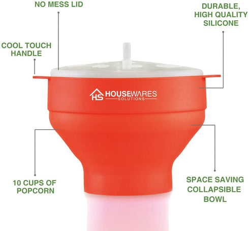 Collapsible Silicone Microwave Hot Air Popcorn Popper Bowl With Lid and Handles - Red