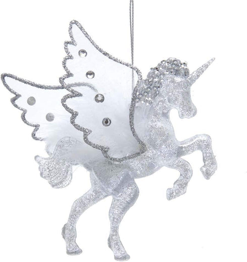 Kurt Adler H7559 Glittered Silver Unicorn with Wings Hanging Ornament, 4-inch High, Plastic
