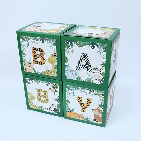 Baby Shower Safari Jungle Animal Box Set of 4 Baby Block Boxes for Gender Reveal Party Supplies Birthday Party Decorations Boy Girl Baby Blocks Decorations. (Green)
