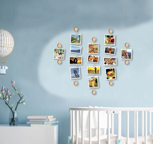 BLONGANG Hanging Photo Display Wood Picture Photo Frame Room Wall Decor with 10 DIY Natual Pine Wood and 33 feet DIY Twine String and 50 Wood Clips and 10 Self Adhesive No Holes Drilling