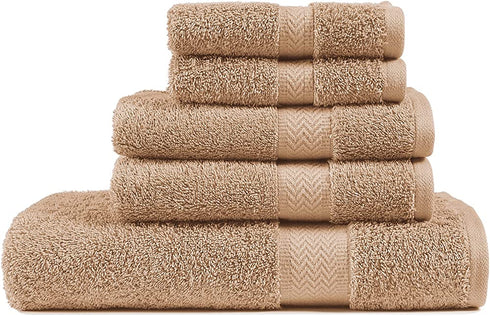 5 Piece Bath Towel Set, 100% Cotton Towels, Shower Towels, 600 GSM Towel Set, 1 Bath Towel, 2 Hand Towels for Bathroom, 2 Washcloths, Durable and Absorbent Bath Towels Set, Bathroom Towels - Beige