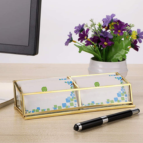 Hipiwe 4 Slots Glass Business Card Holder Stand - Vintage Gold Metal Name Card Display Stand Office Desktop Countertop Business Card Organizer