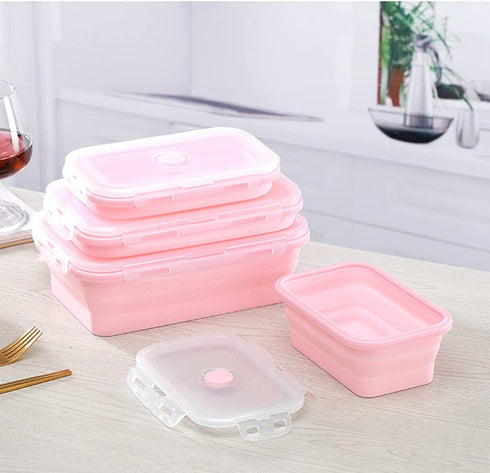 4-piece Collapsible Silicone Lunch Box, Portable Food Storage Container Outdoor Picnic Box Space Saving, Microwave, Dishwasher and Freezer Safe 350/500/800/1200mL350/500/800/1200mL(Pink)