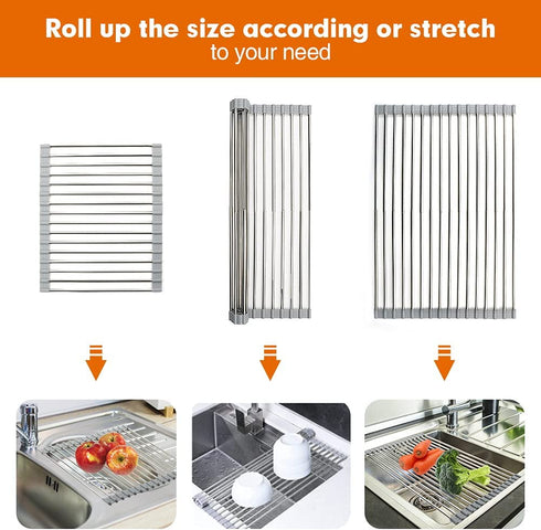 ZUKUBAMA Roll up Dish Drying Rack, Adjustable Sink Drying Rack with SUS304 Stainless Steel Multifunctional Large Cups Drain Rack Portable Drying Rack for Cups Fruits Vegetables (19.6" x 13") Gray