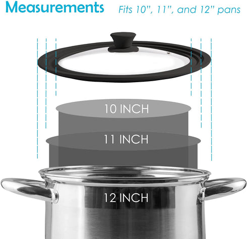 Houseables Pot Lid, Pan Cover, Universal, Silicon, Tempered Glass, Black, Fits 10", 11", 12", 4mm Thick, Vented, Replacement Top for Crockpot, Cast Iron Skillet, Heat Resistant Handle, Dishwasher Safe
