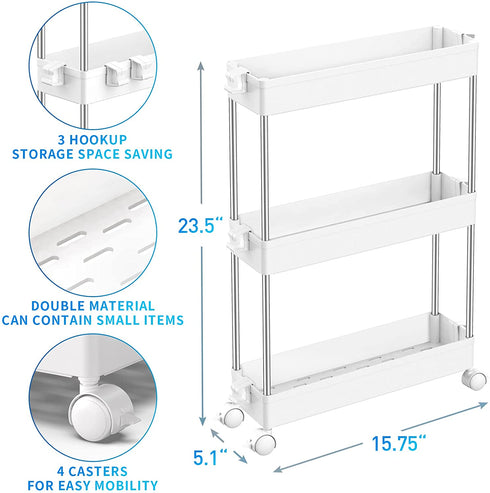 SPACEKEEPER 3 Tier Slim Storage Cart Mobile Shelving Unit Organizer Slide Out Storage Rolling Utility Cart Tower Rack for Kitchen Bathroom Laundry Narrow Places, Plastic & Stainless Steel, White